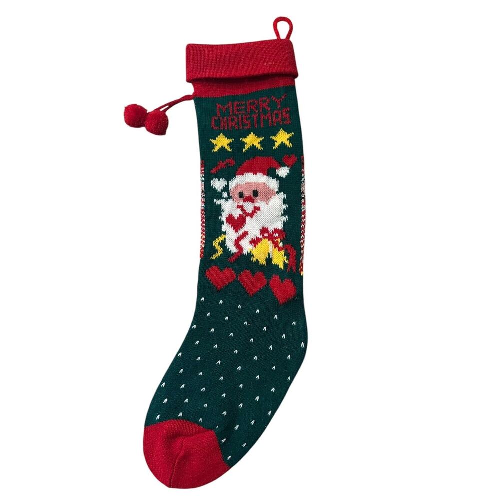 Vintage Merry Christmas Santa Stocking Knit Red Green pom pom